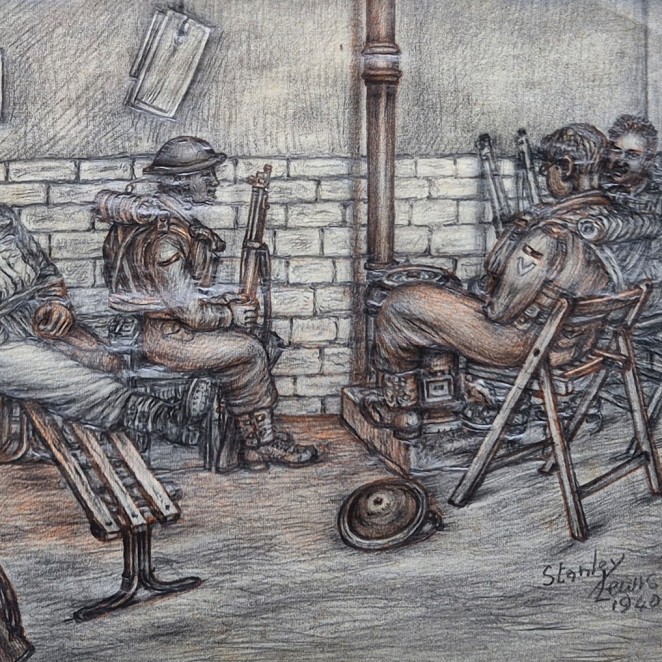 Stanley Cornwell Lewis - 'Soldiers Sitting by a Stove in Wartime'